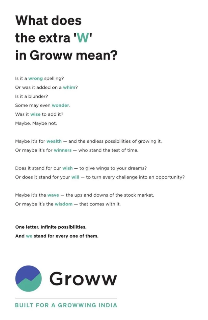 Groww print ad — What does the extra ‘W’ in Groww mean?